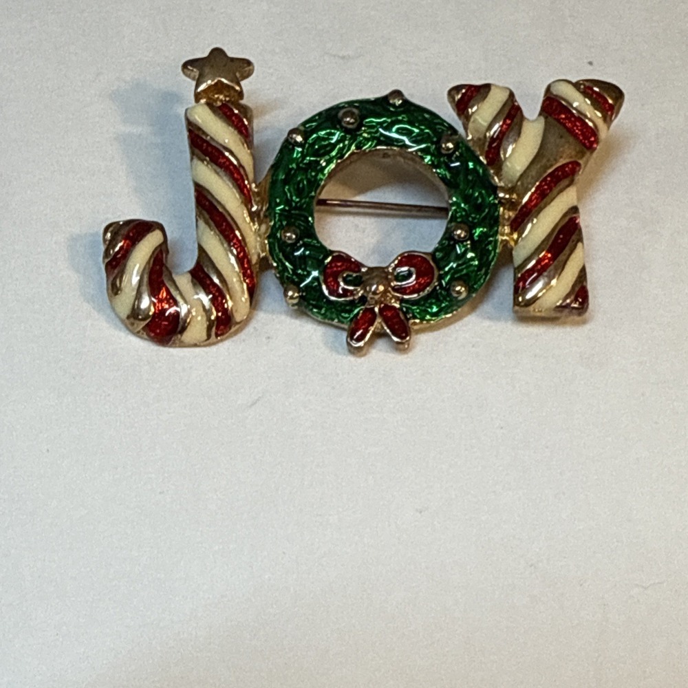 Christmas Brooch Red White ENAMEL Spell out JOY Wreath Pin Gold Tone Holiday New